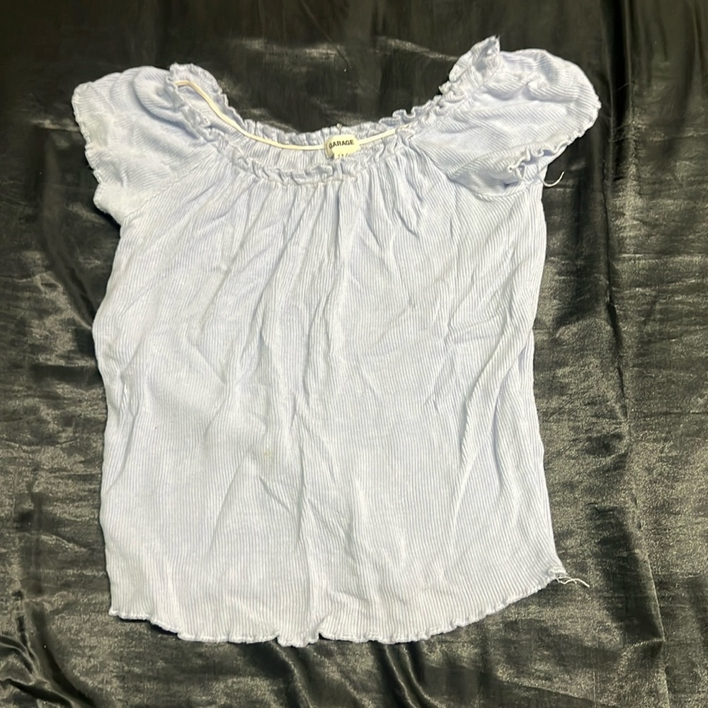 off the shoulder blue cropped shirt